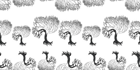 Seamless pattern of decorative drawn bare trees silhouettes with roots, vector background, paper, textile © aremihc