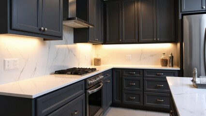 A modern, minimalist kitchen with dark gray kitchen cabinets, white marble countertops, and warm under-cabinet lighting for a sophisticated vibe.