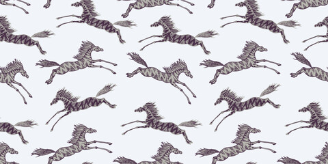 Seamless pattern of decorative drawn galloping horses, vector background, wallpaper, paper, textile