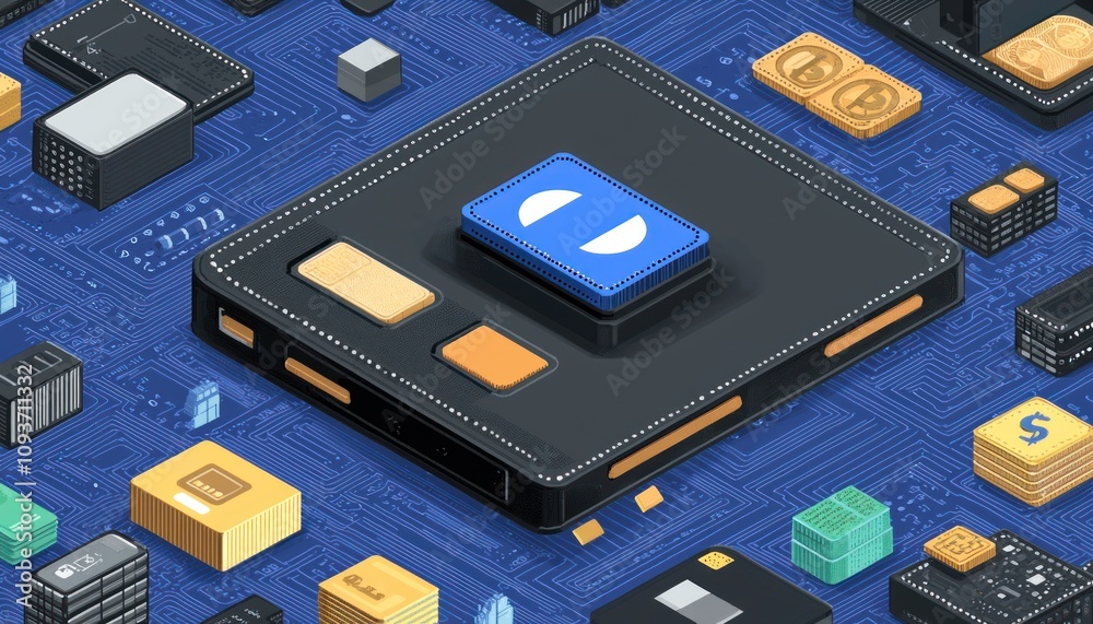 Poster black device with blue and yellow components on a circuit board