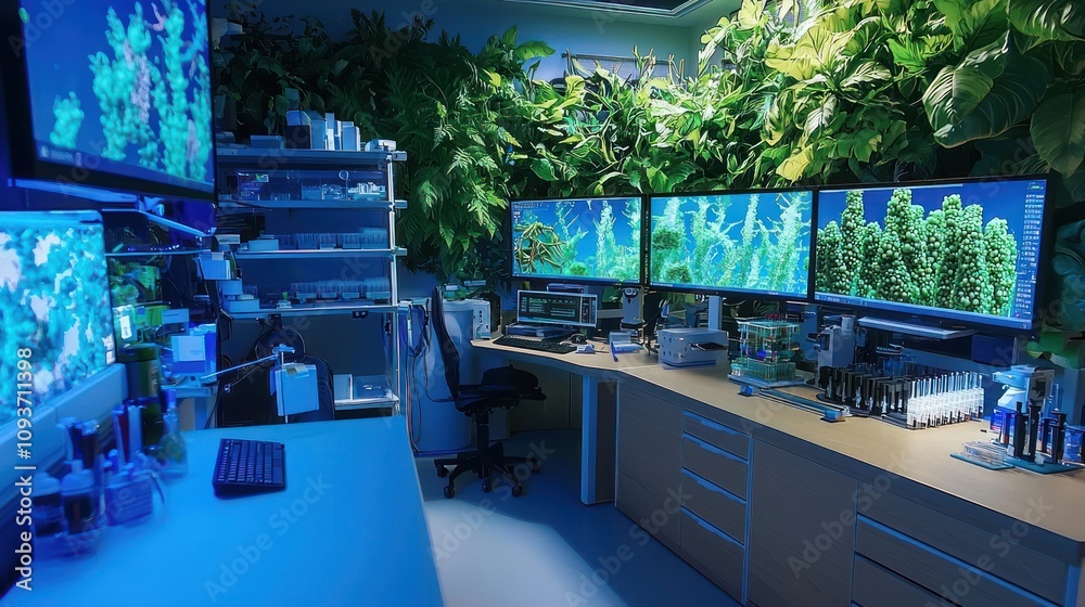 Poster A Modern Office Space Featuring a Green Wall and Multiple Computer Monitors Displaying Underwater Imagery
