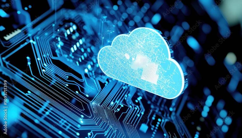 Poster blue cloud symbol over circuit board representing digital technology