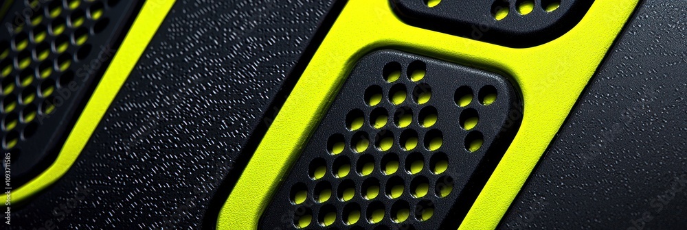 Poster close-up of a black and yellow textured surface with circular perforations
