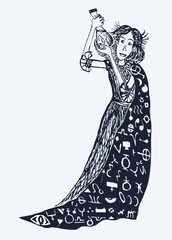 Young witch with poisoin bottle, cartoon fictional character, vector hand drawn illustration