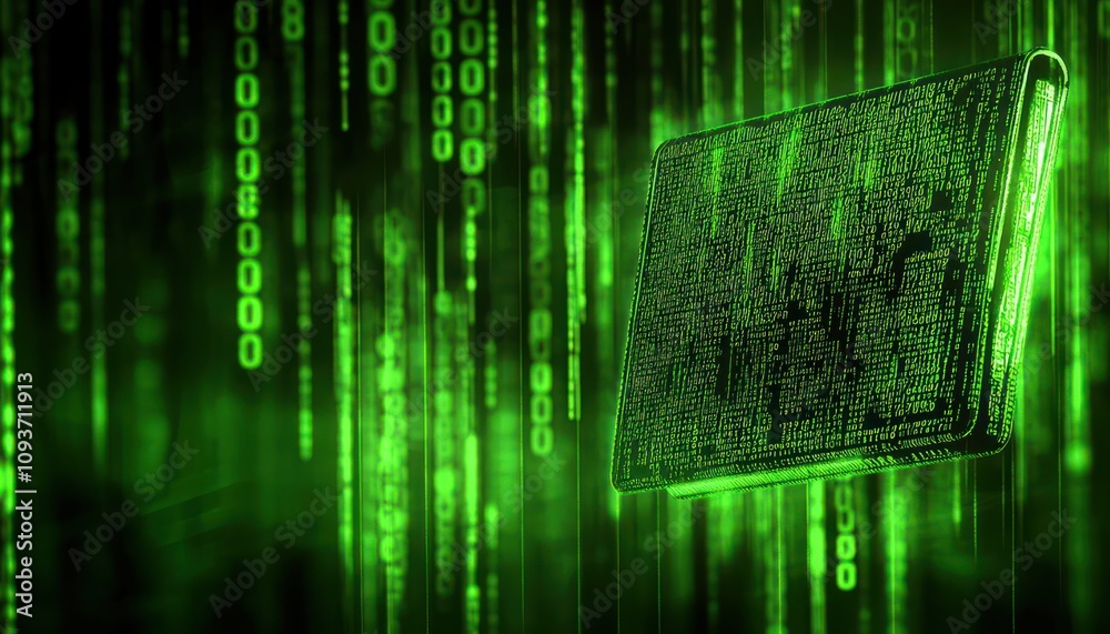 Poster green digital code flowing down in a futuristic digital space