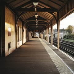 Empty Train Station Platform with Brick Walls and Overhead Lights