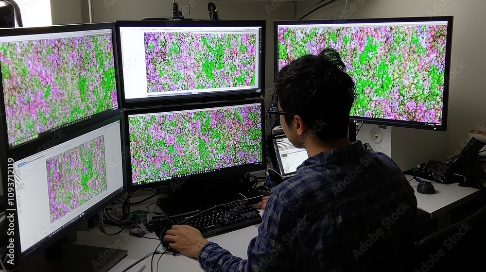 Poster A Man Analyzing Microscopic Images on Multiple Monitors