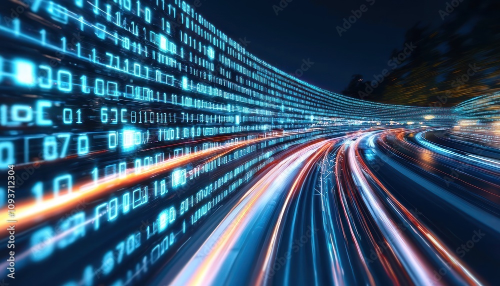 Aufkleber digital data flowing through a curved road at night