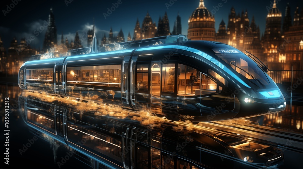 Fototapete digital twin concept of train. wireframe rendering of train and mirrored physical body side by side.