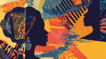 This image showcases artistic silhouettes of African women, highlighted against a vibrant and abstract background filled with colors and patterns.