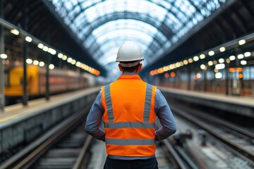 Worker observes railway tracks at a busy train station during the day