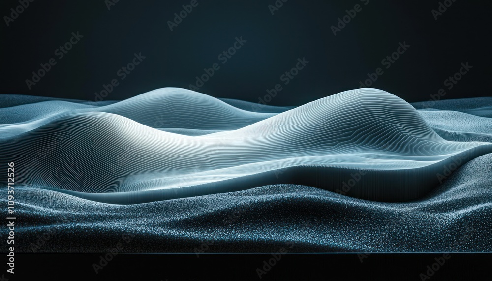 Poster abstract 3d rendering of white wireframe hills against a dark blue background