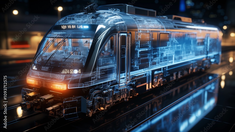 Fototapete digital twin concept of train. wireframe rendering of train and mirrored physical body side by side.