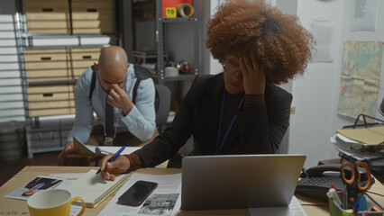 A concerned woman and man analyze documents in a cluttered detective office, surrounded by maps and...