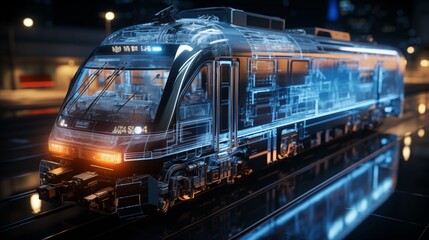 Fototapeta premium Digital twin concept of train. Wireframe rendering of train and mirrored physical body side by side. 3d rendering and holographic representation