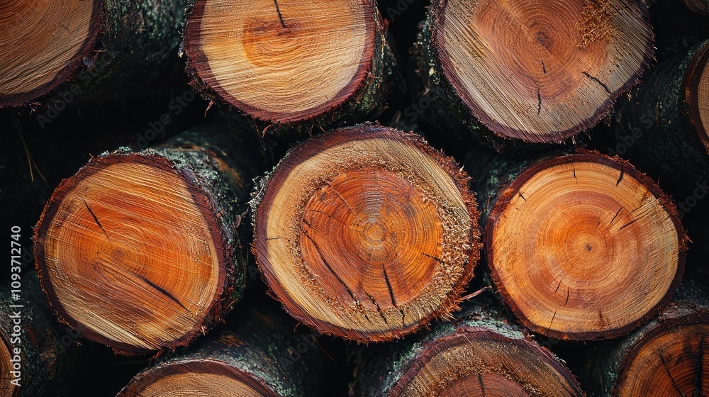 Poster close-up of stacked tree logs with visible growth rings