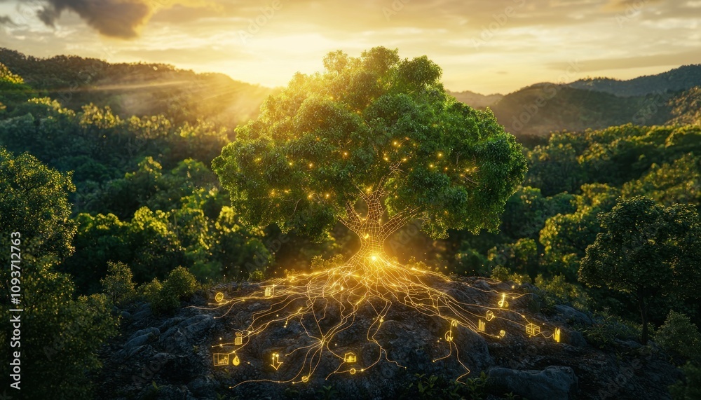 Poster A Glowing Tree With Roots Reaching Out To Symbolize Growth and Connection