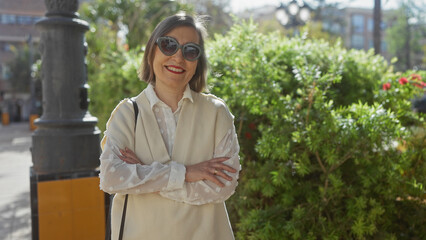 Mature woman with crossed arms smiling in an urban park setting, with greenery and city elements in background.