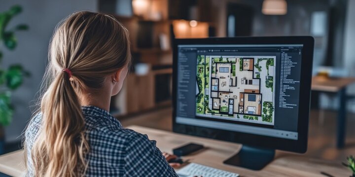 A woman uses software to design an apartment.  She's working on a floor plan on her computer screen.