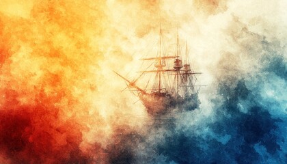 A Watercolor Painting of a Sailing Ship in a Sea of Colors