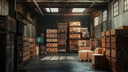 Obraz premium Industrial Warehouse Interior: Stacked Cargo Boxes and Pallets