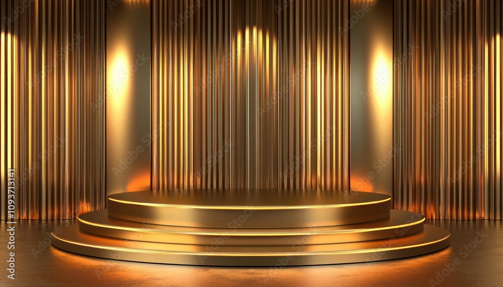 Poster illuminated golden platform with metallic striped background