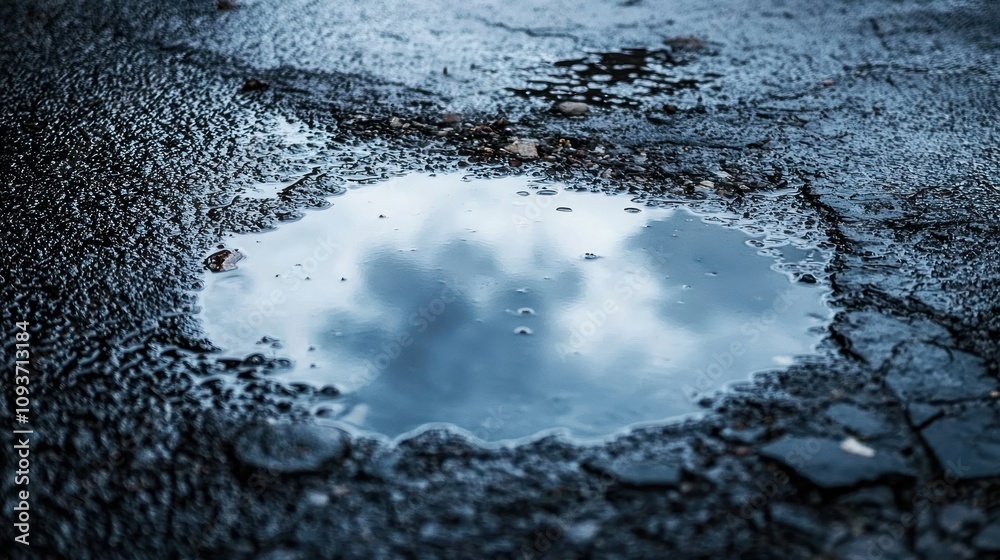 Poster a puddle reflecting clouds on a dark asphalt surface