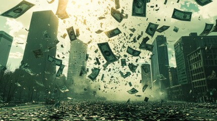 Fototapeta premium A City Street Covered in Falling US Dollar Bills