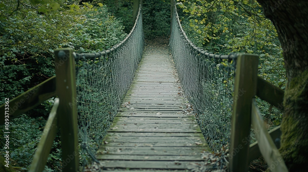 Poster a wooden bridge through dense foliage in a forest setting