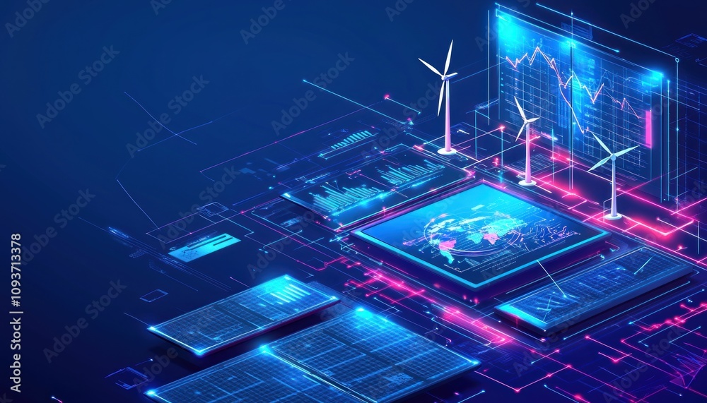 Poster Futuristic Interface with Wind Turbines and Data Displays