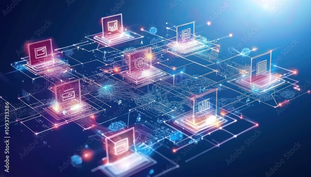 Poster Interconnected Network of Glowing Squares with Abstract Icons