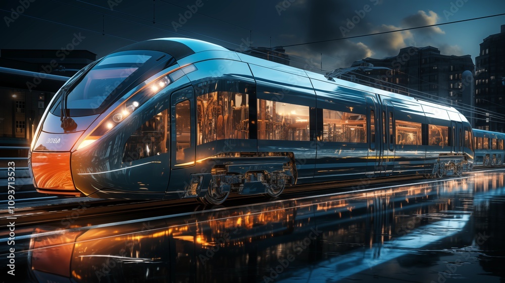 Fototapete digital twin concept of train. wireframe rendering of train and mirrored physical body side by side.