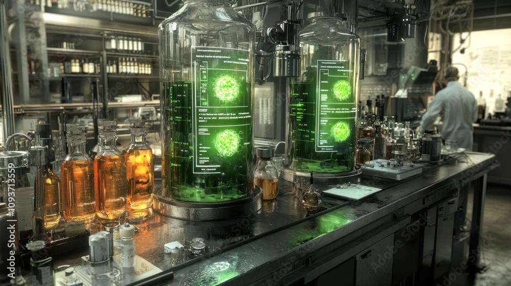 Poster two large glass vessels containing green liquid and glowing particles in a laboratory setting