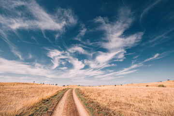 Scenic view of a hill in the desert, with a dramatic blue sky and soft cloudscape enhancing the natural beauty of the field