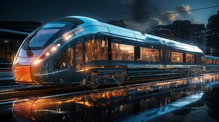 Fototapeta premium Digital twin concept of train. Wireframe rendering of train and mirrored physical body side by side. 3d rendering and holographic representation