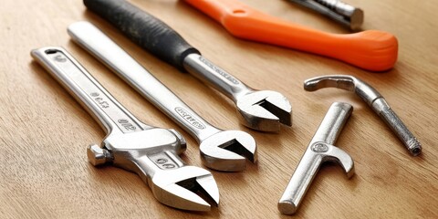 A wooden surface holds a wrench, hammer, sledgehammer, snips, and pliers.  These tools are used for fixing and building things.