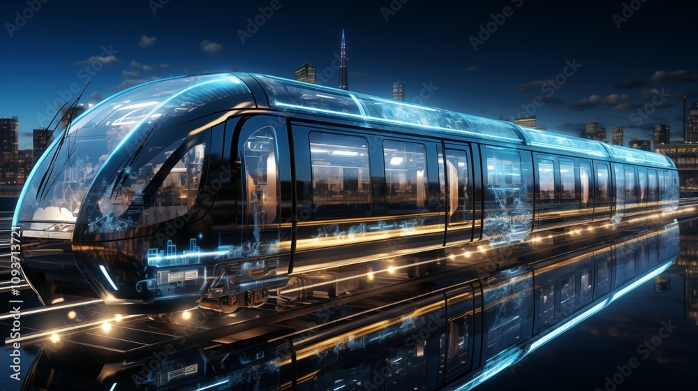Fototapete digital twin concept of train. wireframe rendering of train and mirrored physical body side by side.