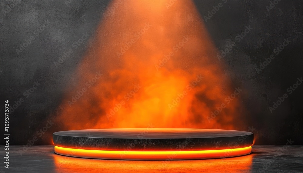 Poster Black Circular Platform with Orange Glow in a Dark Setting