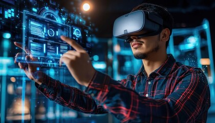 Man Wearing VR Headset Interacting with a Digital Interface