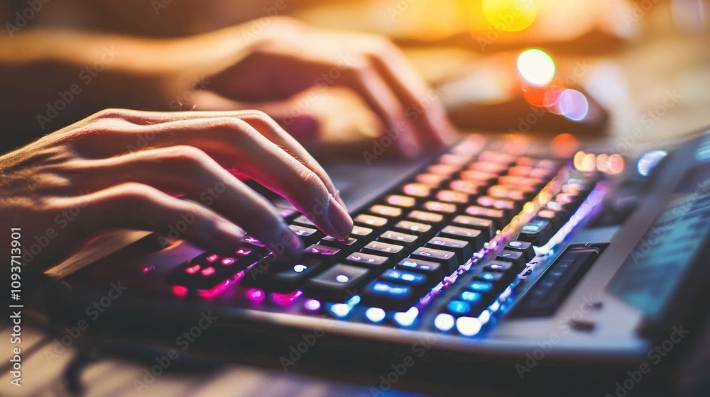 Aufkleber Hands Typing on a Colorful Illuminated Keyboard