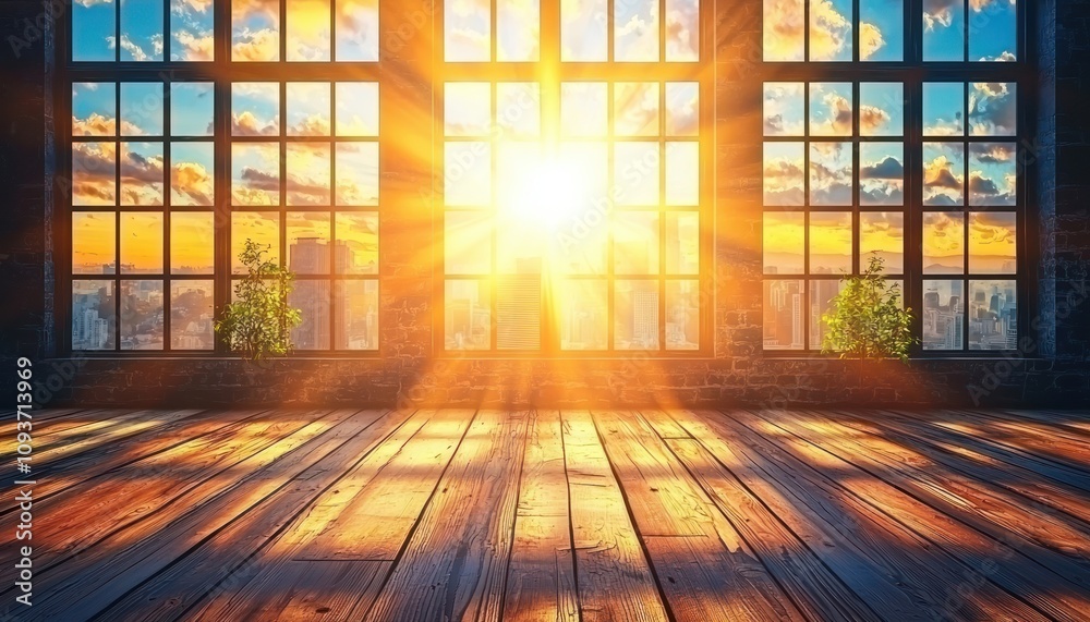 Poster sunbeams through a window illuminating a wooden floor