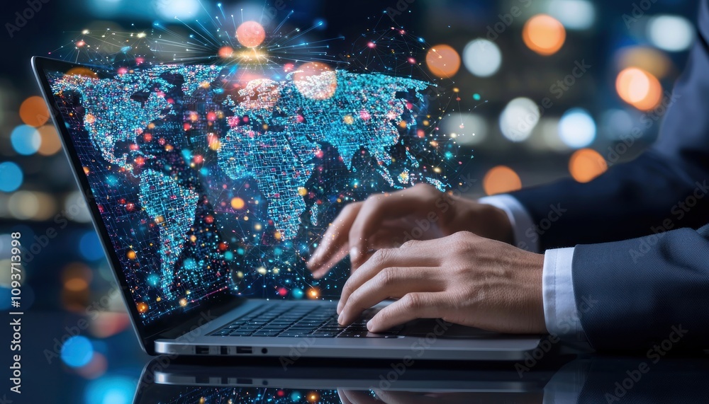 Poster person typing on laptop with world map and network connections