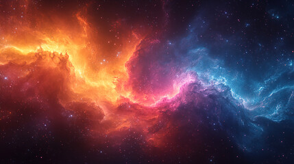 Obraz premium Colorful cosmic nebula illuminated by vibrant hues of orange, pink, and blue in deep space with countless stars visible. Generative AI