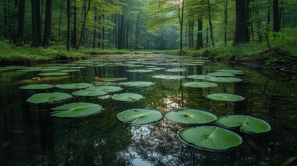 Tranquil Forest Scene with Calm Water and Lush Green Lily Pads Surrounded by Tall Trees in a Serene and Peaceful Natural Landscape
