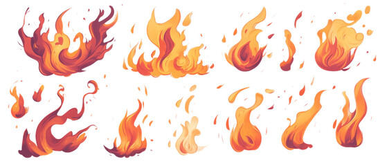 Colorful and dynamic flame illustrations showcasing various shapes and sizes for creative design purposes