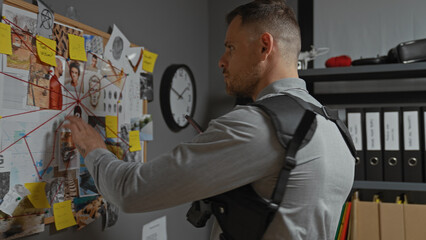 Hispanic man analyzes evidence in a police detective's office, indicating investigation and law enforcement.