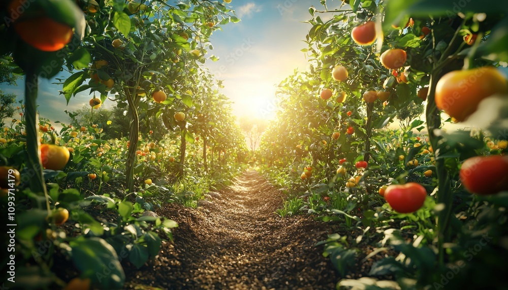 Poster Sunlit Path Through Rows of Ripe Orange and Red Fruit on Trees