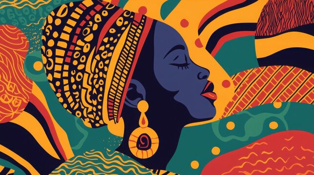 A vibrant illustration of a woman of African descent, showcasing beautiful patterns and colors reflective of African heritage and culture.