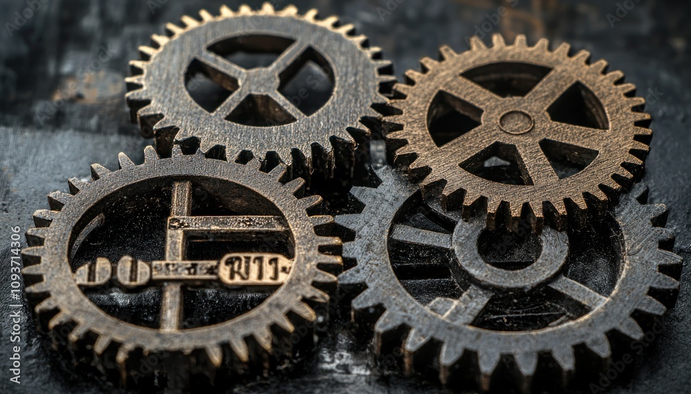 Poster close-up of interlocking cogwheels with golden highlights