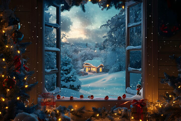 Obraz premium Snow gently falls outside a warmly lit cottage nestled in a tranquil winter landscape
